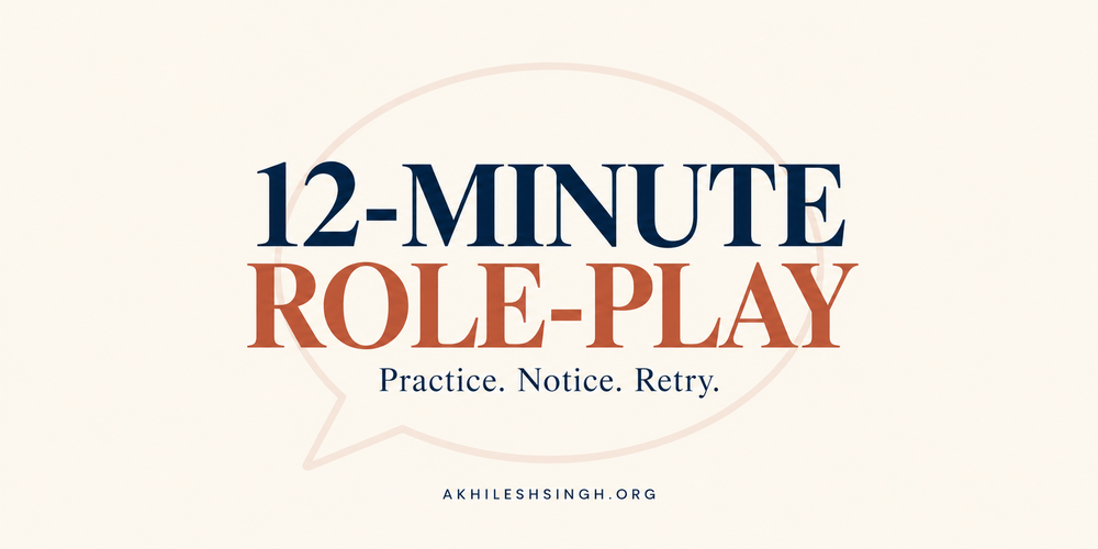 हल्के रंग का 12-minute role-play cover, जिस पर Practice, Notice, Retry और akhileshsingh.org लिखा है